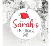 Personalised Christmas Ceramic Bauble - Baby's First Christmas - Keepsake Decoration - Add Your Name (Santa's Hat)