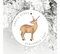 Personalised Christmas Ceramic Bauble - Baby's First Christmas - Keepsake Decoration - Add Your Name (Watercolour Reindeer)