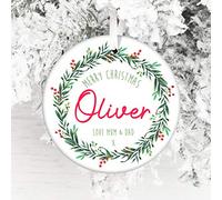 Personalised Christmas Ceramic Bauble - Gift Edition - Keepsake Decoration - Add A Name & Message (Holly Wreath)