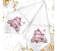 Personalised Christmas Cloth Napkin Bespoke Custom Name Merry Pink Festive Winter Santa Sleigh Snow Fabric Reusable Dinner Oversized Napkins Large Table Wear Decorative Family Dining Keepsake Gift