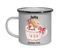 Personalised Christmas Enamel Mug with Gingerbread Design