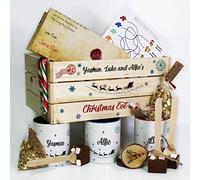 Personalised Christmas Eve Box Crate, Snowflake Wooden Gift Box, Gift Set For Three Includes Mugs & Baubles with Name, Hot Chocolate Stirrer, Candy Cane, Santa Letter, Reindeer Food
