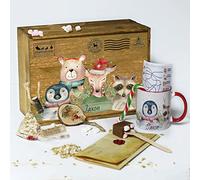 Personalised Christmas Eve Box with Lid, Animals Xmas Wooden Gift Box, Crate, Gift Set For One Includes Christmas Mug & Bauble with Name, Hot Chocolate Stirrer, Candy Cane, Santa Letter, Reindeer Food