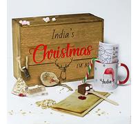 Personalised Christmas Eve Box with Lid, Deer Stag Xmas Wooden Gift Box, Crate, Gift Set For One Includes Mug & Bauble with Name, Hot Chocolate Stirrer, Candy Cane, Santa Letter, Reindeer Food