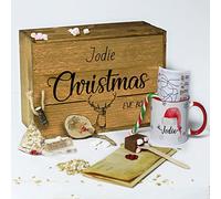Personalised Christmas Eve Box with Lid, Deer Stag Xmas Wooden Gift Box, Crate, Gift Set For One Includes Mug & Bauble with Name, Hot Chocolate Stirrer, Candy Cane, Santa Letter, Reindeer Food