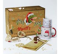 Personalised Christmas Eve Box with Lid, Dinosaur Xmas Wooden Gift Box, Crate, Gift Set For One Includes Mug & Bauble with Name, Hot Chocolate Stirrer, Candy Cane, Santa Letter, Reindeer Food