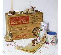 Personalised Christmas Eve Box with Lid, North Pole Xmas Wooden Gift Box, Crate, Gift Set For Two Includes Mugs & Baubles with Name, Hot Chocolate Stirrer, Candy Cane, Santa Letter, Reindeer Food