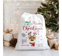 Personalised Christmas Eve Sack - Merry Xmas Reindeer Design - Custom Name Xmas Gift Bag - Reusable Drawstring Sack for Kids & Adults - Perfect for Holiday Presents