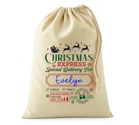 Personalised Christmas Express Sack with Name - Special Delivery Gift Bag from North Pole - Do Not Open Before December 25 - Santa Sleigh Design - Reusable Cotton Drawstring Toy Sack for Kids