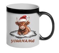 Personalised Christmas Highland Cow Coffee Mug - 11oz Ceramic Cup in White, Black Accent & Magic Reveal - Custom Name Cute Santa Hat Calf Graphic - Festive Seasonal Tea Cup Gift for Her & Family