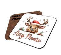Personalised Christmas mug, Reindeer With Name, festive Xmas Gift, Tableware, Coffee, Tea, Drink Coaster. (Square Shaped Coaster)
