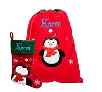 Personalised Christmas Sack & Stocking Matching Set Penguin Red & Green Xmas Sacks & Stockings Gift Christmas Decoration Large Jumbo Sack & Stocking Embroidered with Name (Penguin)