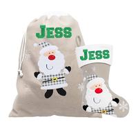 Personalised Christmas Sack & Stocking Matching Set Santa Grey Xmas Sacks & Stockings Gift Christmas Decoration Large Jumbo Sack & Stocking Embroidered with Name (Santa)