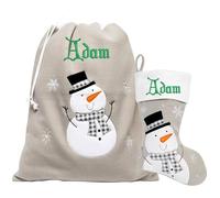 Personalised Christmas Sack & Stocking Matching Set Snowman Grey Xmas Sacks & Stockings Gift Christmas Decoration Large Jumbo Sack & Stocking Embroidered with Name (Snowman)