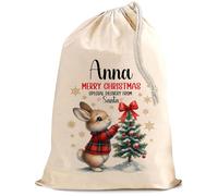 Personalised Christmas Santa Sack - Extra Large Cotton Gift Bag Bunny and Xmas Tree Design - Custom Name Holiday Present Sack