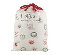 Personalised Christmas Santa Sack - Extra Large Fabric Present Bag for Xmas Gifts with Red Drawstring Ties - Postage Stamps