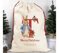 Personalised Christmas Santa Sack Stocking Bag Custom Bespoke Blue Jacket Rabbit Bunny Hare Merry Present Toy Name Message Surprise Present Personalized Festive Winter Keepsake Gift