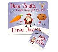Personalised Christmas Santa Snack Placemat & Coaster Set - Custom Name Wooden Glossy Table Mat for Kids, Christmas Eve Treat Plate