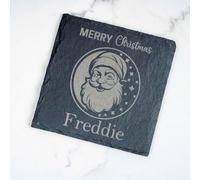 Personalised Christmas Slate Coaster - Engraved Santa Design with Custom Name - Optional Back Message - Unique for Kids, Family, Secret Santa - Rustic Home Decor (10cm)
