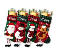 Personalised Christmas Stockings with Embroidered Name, Custom 3D Xmas Character Stocking Santa Claus Snowman Reindeer,18 inch Large Red Green Plaid Christmas Stocking Decoration(Style 7-4 Pack)