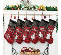 Personalised Christmas Stockings with Name, 1 Pack Extra Large Xmas Stocking with Embroidered lnitial Words, Rustic Farmhouse Fireplace Hanging Ornament Holiday Party Decoration, Red Grid