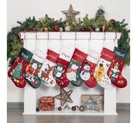 Personalised Christmas Stockings with Name, 1 Pack Extra Large Xmas Stocking with Embroidered lnitial Words, Rustic Farmhouse Fireplace Hanging Ornament Holiday Party Decoration, Red Green White