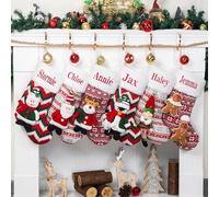 Personalised Christmas Stockings with Name, 1 Pack Extra Large Xmas Stocking with Embroidered lnitial Words, Rustic Farmhouse Fireplace Hanging Ornament Holiday Party Decoration, Red 3D Doll Plus