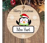 Personalised Christmas Teacher Bauble Plaque - Penguin, Polar Bear, Reindeer, Santa, Snowman, Ideal as a Christmas Thank You Gift for Support Staff (Penguin, MDF Wood - Indoor use only)