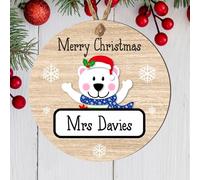 Personalised Christmas Teacher Bauble Plaque - Penguin, Polar Bear, Reindeer, Santa, Snowman, Ideal as a Christmas Thank You Gift for Support Staff (Polar Bear, MDF Wood - Indoor use only)