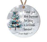 Personalised Christmas Teacher Gift Round 2D Bauble - Gonks, Polar Bear, Snowman, Tree Designs, Ideal as a Christmas Thank You Present for Teachers (Tree, MDF Wood - Indoor use only)