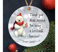 Personalised Christmas Teacher Gift Round 2D Bauble - Gonks, Polar Bear, Snowman, Tree Designs, Ideal as a Christmas Thank You Present for Teachers (Polar Bear, MDF Wood - Indoor use only)