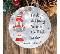 Personalised Christmas Teacher Gift Round 2D Bauble - Gonks, Polar Bear, Snowman, Tree Designs, Ideal as a Christmas Thank You Present for Teachers (Girl Gonk, MDF Wood - Indoor use only)