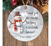 Personalised Christmas Teacher Gift Round 2D Bauble - Gonks, Polar Bear, Snowman, Tree Designs, Ideal as a Christmas Thank You Present for Teachers (Snowman, MDF Wood - Indoor use only)