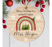 Personalised Christmas Teacher Thank You Gift Plaque - Rainbow Designs, Ideal as a Present for Teachering Assistant, Support Staff Tree Bauble