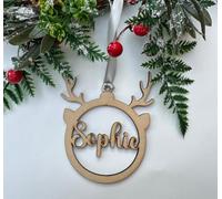 Personalised Christmas Tree Decoration Baubles Reindeer Head Christmas Eve Box Wooden Gift Tag Personalised Name Ornaments Stocking filler Keepsake Laser3