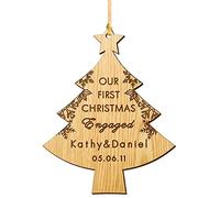 Personalised Christmas Tree Decorations Engaged Personalised Our First Christmas Bauble Engraved Wooden Engaged Couples Xmas Decoration Wood Gifts (Tree)