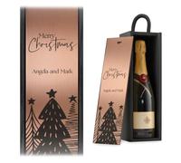 Personalised Christmas Trees Wine Gift Box Merry Christmas Custom Printed Festive Present (Black Box/Rose Gold Mirror Lid)