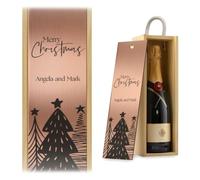 Personalised Christmas Trees Wine Gift Box Merry Christmas Custom Printed Festive Present (Natural Box/Rose Gold Mirror Lid)