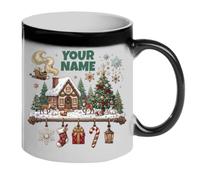 Personalised Christmas Village Coffee Mug - 11oz Ceramic Cup in White, Black Accent & Magic Reveal - Custom Name Winter Cottage Santa Sleigh Graphic - Festive Seasonal Tea Cup for Family & Kids