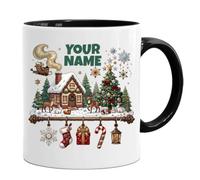 Personalised Christmas Village Coffee Mug - 11oz Ceramic Cup in White, Black Accent & Magic Reveal - Custom Name Winter Cottage Santa Sleigh Graphic - Festive Seasonal Tea Cup for Family & Kids