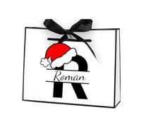 Personalised Christmas White Gift Bag - Customise & Print Your Name - Initials Design Red Santa Hat - Black Ribbon Bow Reusable Holiday Paper Xmas Bag with Handles for Presents Wrapping