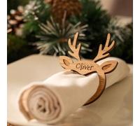 Personalised Christmas Wooden Reindeer Napkin Rings Holders Engraved Reindeer Place Name Holder Table Dinner Decoration for Christmas Holiday Wedding Home Ornaments Table Supplies (6pcs)