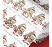 Personalised Christmas Wrapping Paper - Baby’s First Christmas Wrap with Teddy Bear, Santa Hat & Tree - Custom Name Wrapping Paper Roll - Festive & Cute Kids Gift Wrap (white, 8mt)