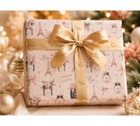 Personalised Christmas Wrapping Paper & Matching Ribbon Bundle - Paris & Floral Luxury Gift Wrap with Custom Name - FREE Personalised 2.5m Satin Ribbon (1 Metre)