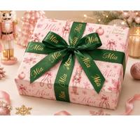 Personalised Christmas Wrapping Paper & Matching Ribbon Bundle - Pink Nutcracker & Ballet Gift Wrap with Custom Name - Personalised 2.5m Satin Ribbon (1 Metre)