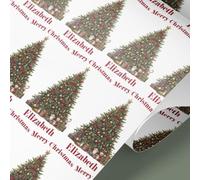Personalised Christmas Wrapping Paper - Red Themed Tree Design, 61cm Wide Gift Wrap Roll, Custom Name Christmas Paper - Premium Matte Finish, Recyclable, Multiple Roll Lengths (White, 2mt)