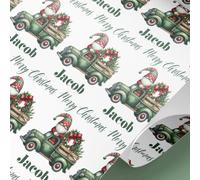 Personalised Christmas Wrapping Paper Roll - Custom Name Green Truck Gnome Gift Wrap | Vintage Christmas Wrap | Festive Xmas Wrapping Paper for Gifts - 61cm Wide, 1-8 Metre Rolls (White, 2mt)