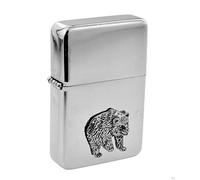 Personalised Classic Petrol Lighter and English Pewter Bear Badge with Engraved Message on the Back (UK ONLY)