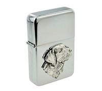 Personalised Classic Petrol Lighter and Pewter Labradors Head Dog Badge with Engraved Message on the Back (UK ONLY)