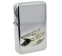 Personalised Classic Petrol Lighter and Pewter Pike's Head Fishing Badge with Engraved Message on the Back (UK ONLY)